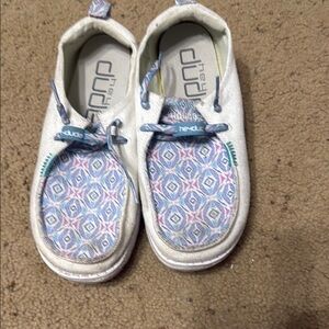 Hey Dude White and Blue Moccasins with Decorative Laces
